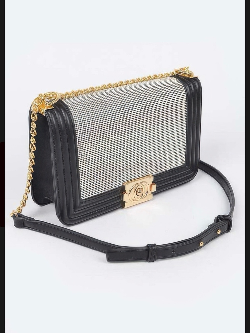 NWT Black Crystal-Front Crossbody Bag with Gold Chain